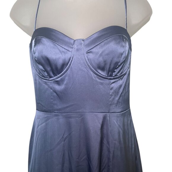 ASTR The Label Blue Satin Midi Dress Size Small Adjustable Straps Slit - Picture 3 of 7
